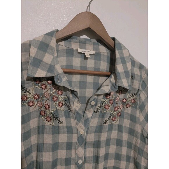 Mystree Emb Dusty Green L/S Gingham Plaid S Women's Button Front Woven Shirt - Picture 2 of 4